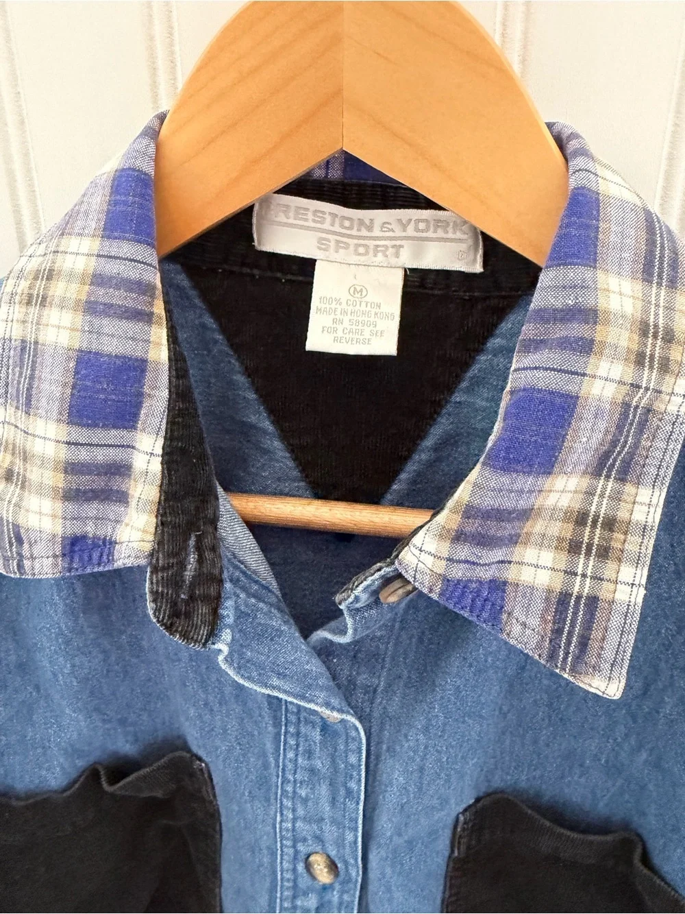 Vintage/90’s Preston&York Denim Button-Up Shirt Corduroy Pockets & Plaid Collar - Picture 3 of 4